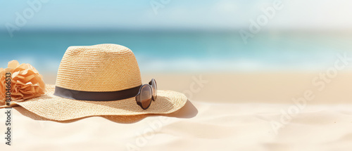 A serum sun screen product on sandy beach with hat.