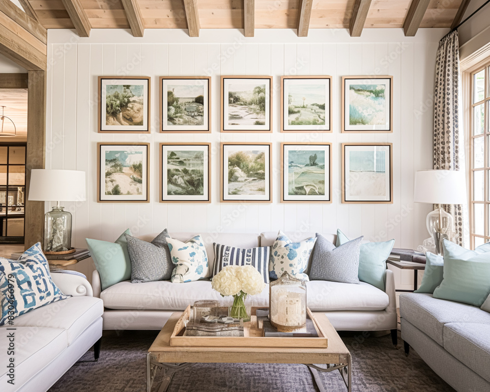Gallery wall, home decor and wall art over sofa, framed art in modern English country cottage ...