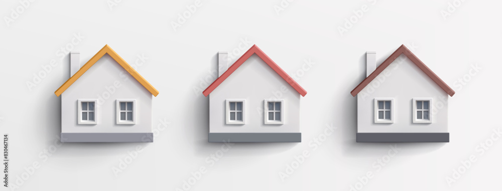 A set of colorful minimalistic 3D houses. For advertising and promotion of real estate. A sign, an icon, a symbol of a cozy house. Vector