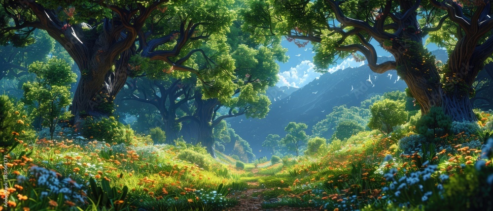 Obraz premium A beautiful fairytale enchanted forest with big trees and great vegetation. Digital painting background