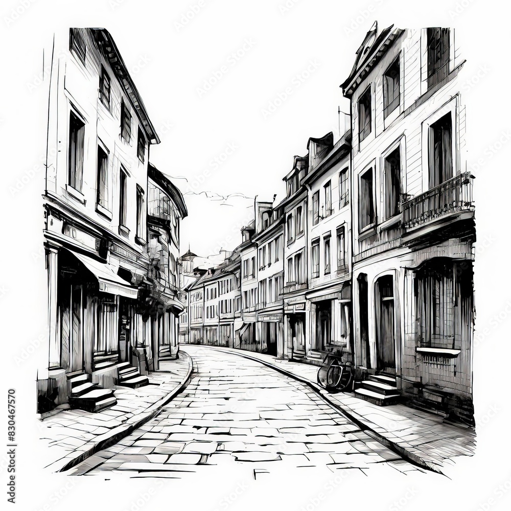 Naklejka premium Downtown paving stone street with retail stores and luxury apartments