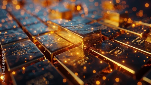 Stacks of pure gold bars on dark background, representing business and finance concept idea, generative ai photo