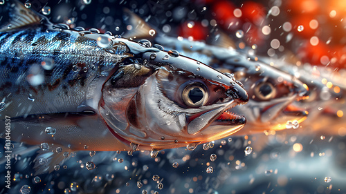 A fish is shown with its mouth open, surrounded by water droplets photo