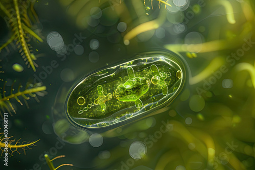 Paramecium bursaria with green algae swimming in pond water, soft light and reflections, serene atmosphere. photo