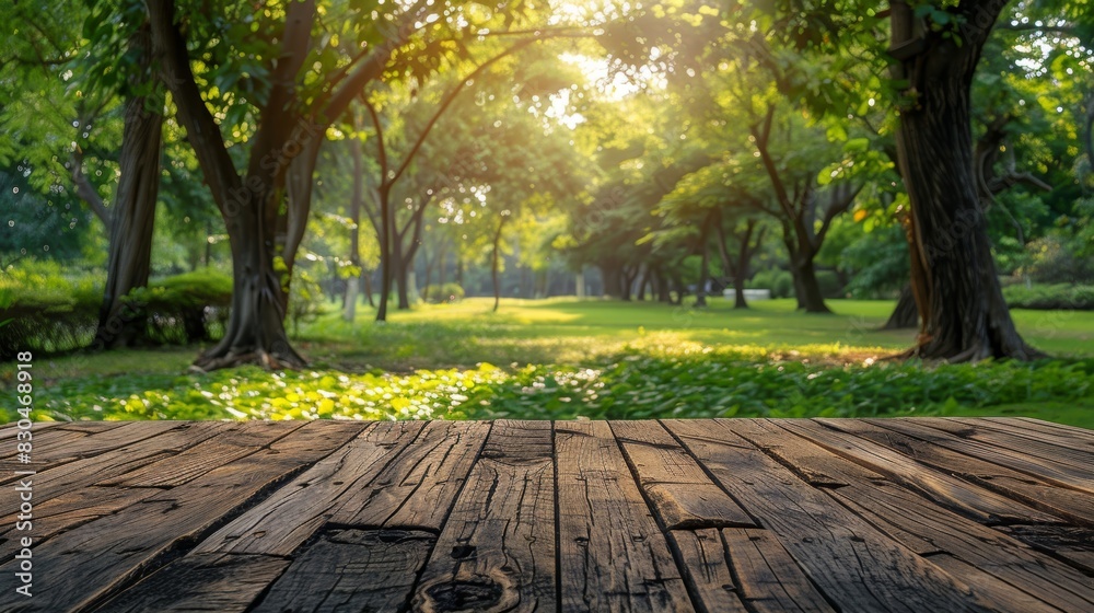 Wooden table with nature park background, outdoor product display, green garden scene Wooden table with nature park background, outdoor product display, green garden scene