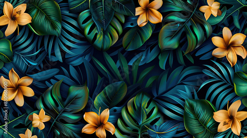 Tropical Night Floral Leaf Pattern Illustration generated with AI