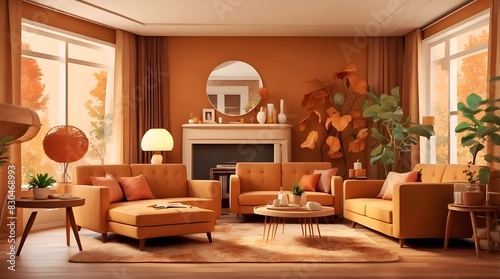 Beautiful retro living room in warm caramel autumn colors, Interior Design Ideas, Home Decoration, and generative AI.