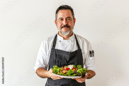 Portrait of a Middle-Aged Caucasian Chef Proudly Presenting a Freshly Prepared Salad  Emphasizing Healthy Cuisine.