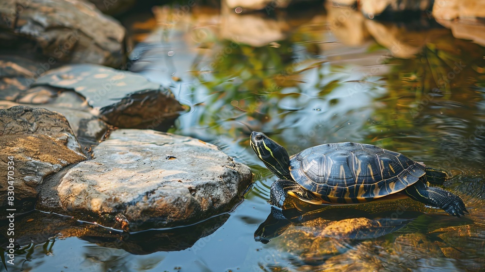 Calm Turtle Walking on Nature Trail by Pond and Rocks Calm Turtle Walking on Nature Trail by Pond and Rocks