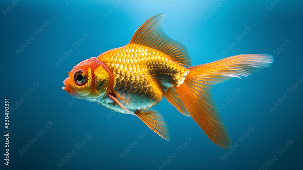 Fototapeta premium Peaceful Goldfish Swimming Against Blue Background
