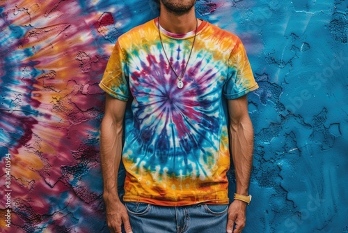 Vibrant Tie-Dye Shirt on Man with Colorful Graffiti Background