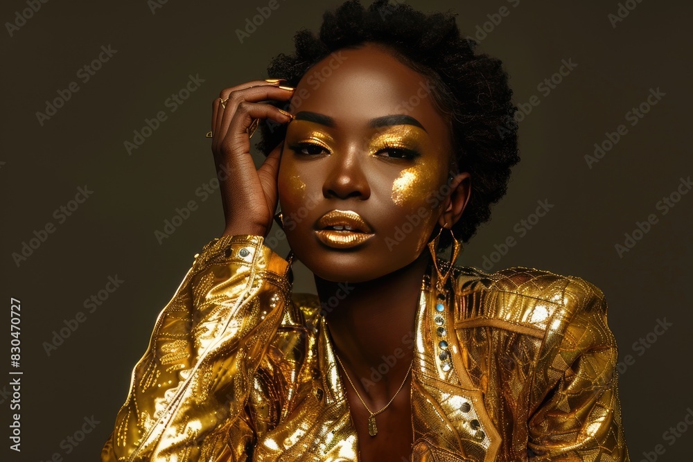 Elegant Woman with Bold Gold Makeup and Fashionable Outfit in Studio Portrait Elegant Woman with Bold Gold Makeup and Fashionable Outfit in Studio Portrait