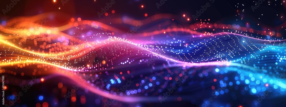 Colorful Abstract Wave of Glowing Particles and Light Streaks in a Dynamic Digital Design Background