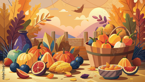 Autumn Harvest Festival Scene with Colorful Pumpkins and Fruits