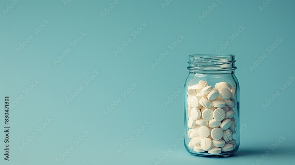 Clear Glass Jar Filled with White Heart-Shaped Pills on Light Blue Background Clear Glass Jar Filled with White Heart-Shaped Pills on Light Blue Background