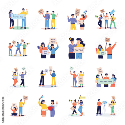 Set of People with Banners Flat Illustrations  