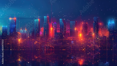 Futuristic Cityscape with Digital Neon Lights and Starry Night Sky photo