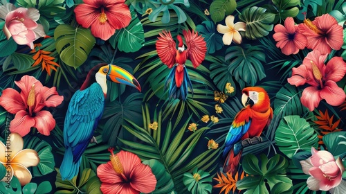 Vibrant Tropical Parrots and Exotic Flowers in Lush Foliage Jungle photo