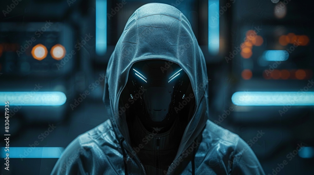 Anonymous Robotic Hacker Portrait Depicting Cybersecurity Threats and Cybercrime in a Futuristic Digital Landscape. Concept of Hacking and Cyberattacks in Modern Technology. Anonymous Robotic Hacker Portrait Depicting Cybersecurity Threats and Cybercrime in a Futuristic Digital Landscape. Concept of Hacking and Cyberattacks in Modern Technology.