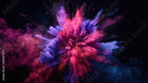 Colored powder explosion. Abstract closeup dust on backdrop. Colorful explode. Paint holi