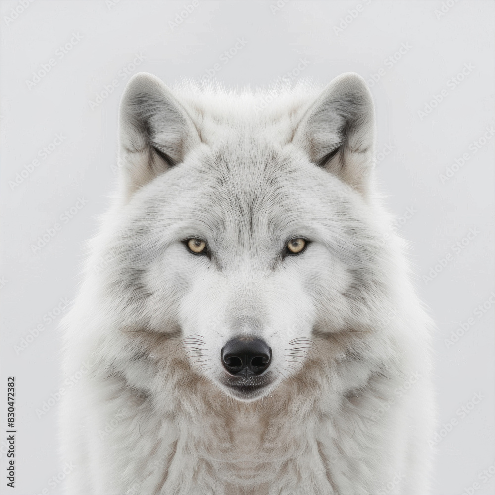 Intense white wolf with piercing eyes, captured in a serene white backdrop, exuding a wild and mystical presence. Intense white wolf with piercing eyes, captured in a serene white backdrop, exuding a wild and mystical presence.