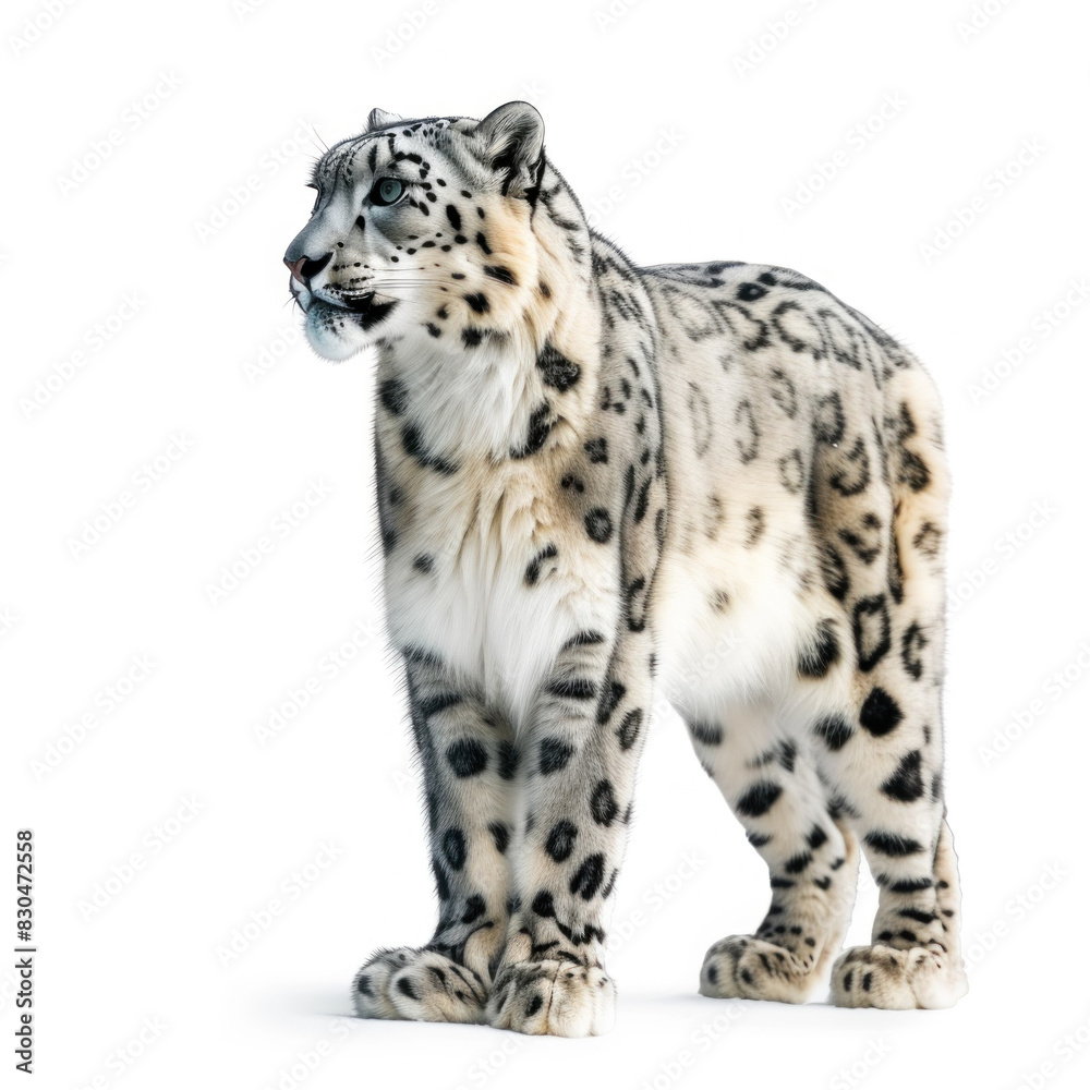 Fototapeta premium Majestic snow leopard standing alert in a natural pose, displaying its distinctive spotted fur and intense gaze.