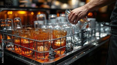 Wallpaper Mural A bartender's hand reaches into a rack of clean glasses, ready to serve customers at a busy bar. Torontodigital.ca