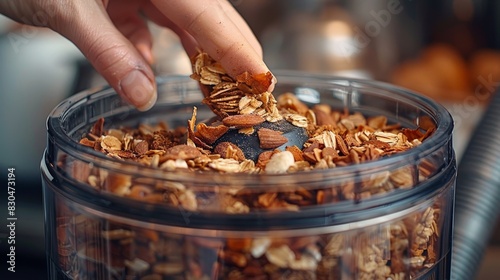 A hand adds toasted almonds to a food processor for making granola. photo