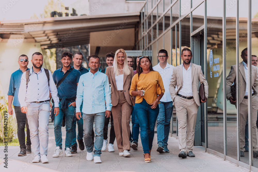 A diverse group of businessmen and colleagues walking together by their workplace, showcasing collaboration and teamwork in the company. A diverse group of businessmen and colleagues walking together by their workplace, showcasing collaboration and teamwork in the company.