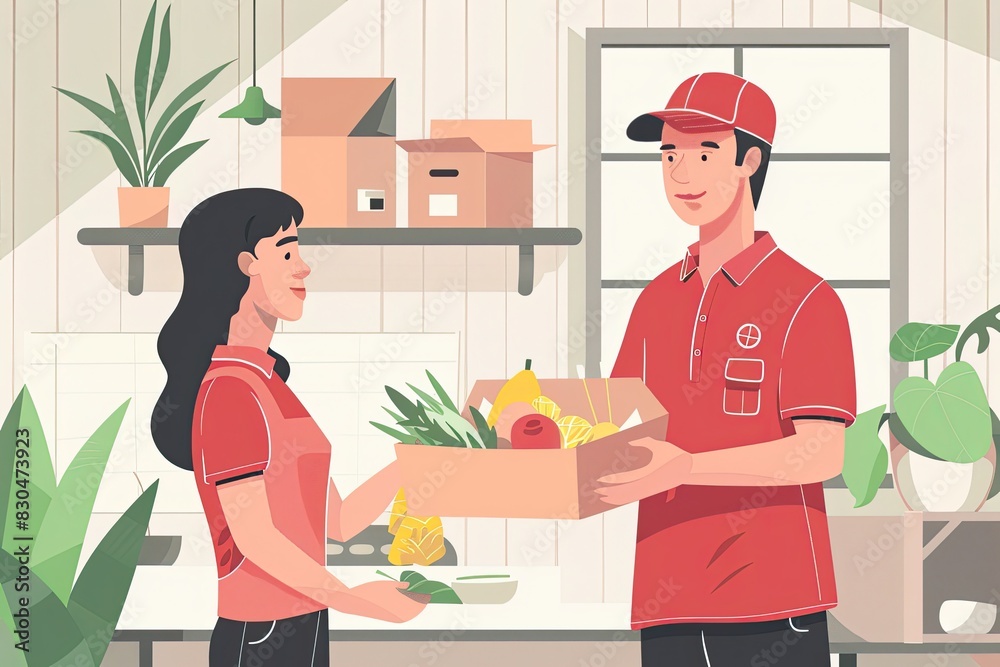 A delivery person from a smart food service, clad in a red uniform, handing over freshly prepared food to a recipient. A young woman customer receiving her order from the courier at her doorstep A delivery person from a smart food service, clad in a red uniform, handing over freshly prepared food to a recipient. A young woman customer receiving her order from the courier at her doorstep