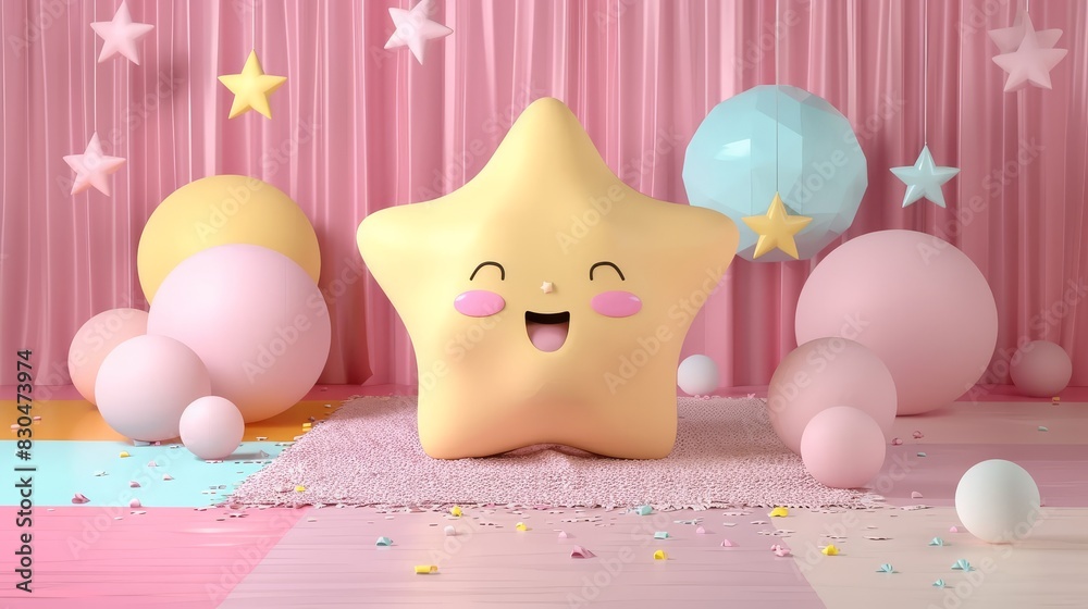 A cute, smiling star surrounded by fluffy clouds and other stars. Contrasting with the dreamy pastel sky A cute, smiling star surrounded by fluffy clouds and other stars. Contrasting with the dreamy pastel sky