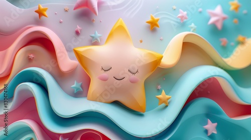 A cute, smiling star surrounded by fluffy clouds and other stars. Contrasting with the dreamy pastel sky