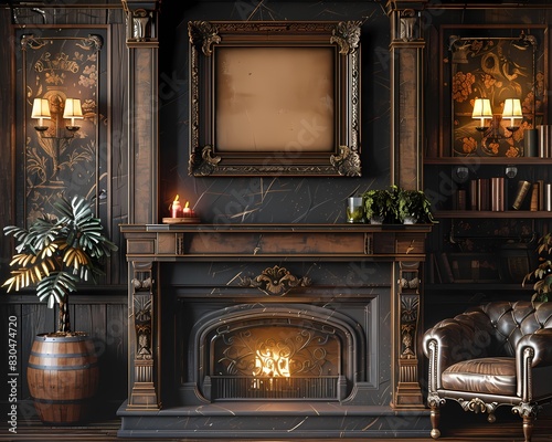 Mock up empty  picture painting frame border, on black wall with vintage sofa and fireplace, ,dark wooden Louis luxury style, wabi sabi, farmhouse interior  © Wipada