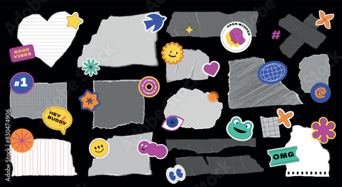 Vector set of various crumpled, torn pieces of paper with bright stickers and patches. Collection of design elements.