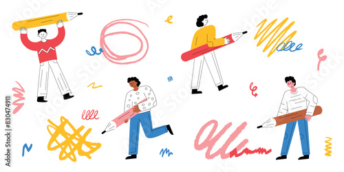 A collection of people holding a giant pencil and drawing various vector doodles with it. The concept of authorship, creativity, content creation.