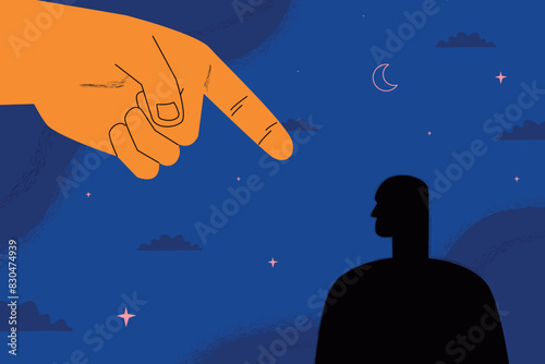 A giant hand pointing at the silhouette of a man. A symbol of bullying, abuse, internal criticism, narcissistic trauma.
