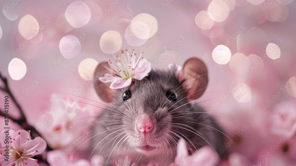 Pet rat adorned with pink flowers Pet rat adorned with pink flowers