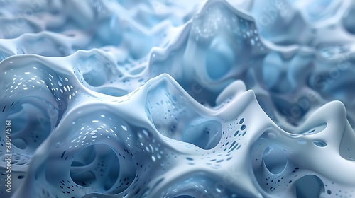 Blue and white abstract 3D organic structure. Futuristic porous material. Backdrop with a lot of small holes. photo