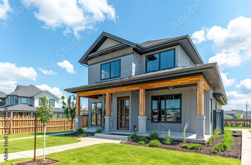 A modern grey craftsman style home with vinyl siding, wooden accents and large windows on the front sits in an upscale neighborhood with lush green grass © Kien