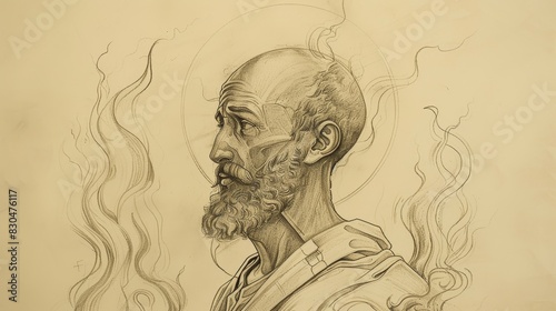 Biblical Illustration of St. Polycarp in Martyrdom with Flames and Serene Faith, Beige Background, Copyspace