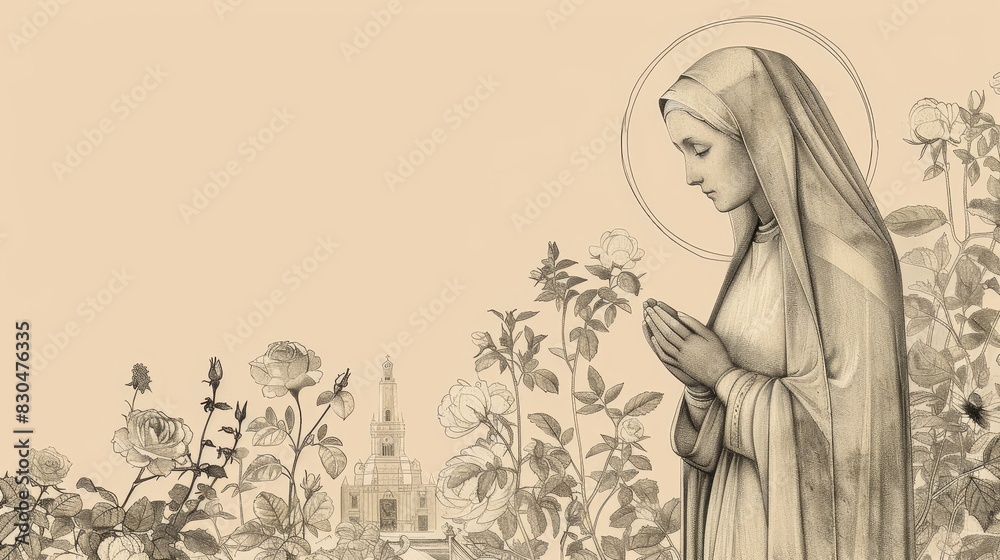 Biblical Illustration of St. Rose of Lima in Garden with 17th-Century Peru Background, Beige Background, Copyspace Biblical Illustration of St. Rose of Lima in Garden with 17th-Century Peru Background, Beige Background, Copyspace