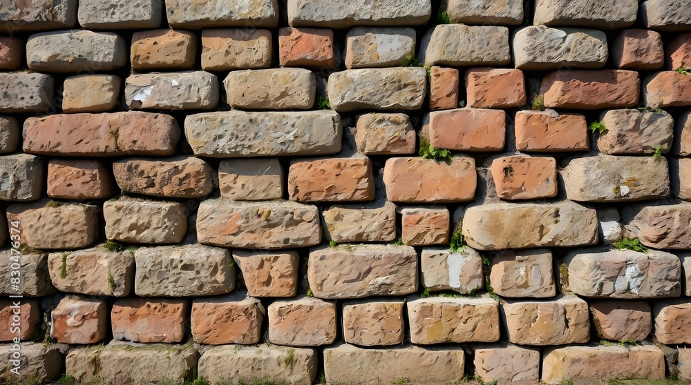 Ancient stone wall of an 18th century castle or fortress with weathered and cracked bricks in close up view. Ancient stone wall of an 18th century castle or fortress with weathered and cracked bricks in close up view.