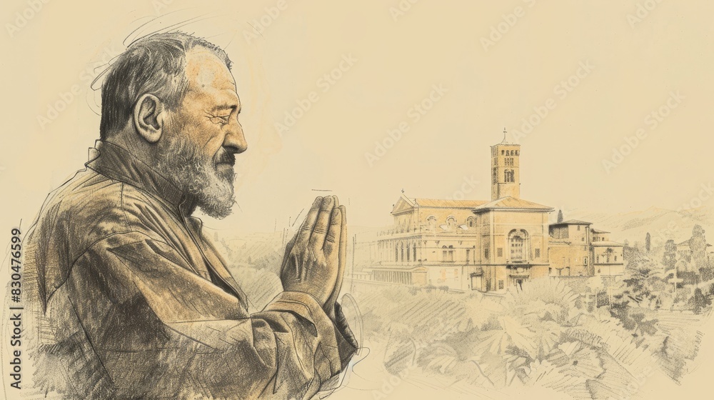 Fototapeta premium Biblical Illustration of St. Pio of Pietrelcina in Prayer in 20th-Century Italian Monastery, Beige Background, Copyspace