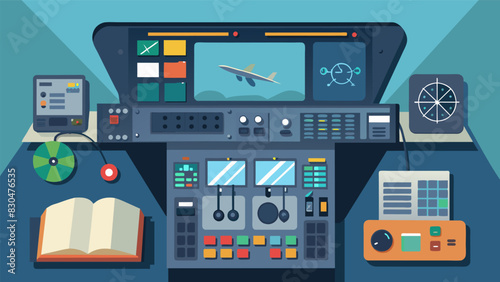 The pilots console is equipped with all the necessary tools from flight route calculators to flight manuals to ensure a smooth and efficient flight from start to finish.. Vector illustration