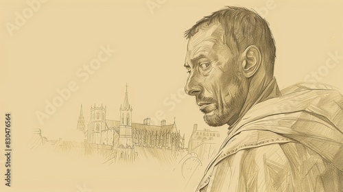 Biblical Illustration of St. Thomas Becket in Martyrdom with Canterbury Cathedral Background, Beige Background, Copyspace