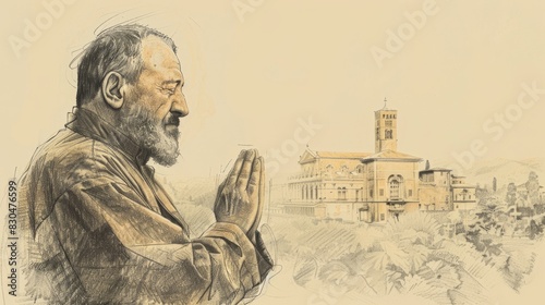 Biblical Illustration of St. Pio of Pietrelcina in Prayer in 20th-Century Italian Monastery, Beige Background, Copyspace photo