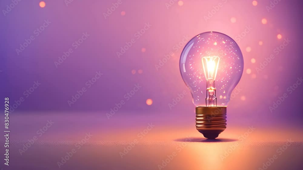 A glowing light bulb stands on a smooth surface against a soft purple ...