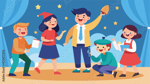 A group of students perform a creative and entertaining play showcasing their acting skills and teamwork.. Vector illustration