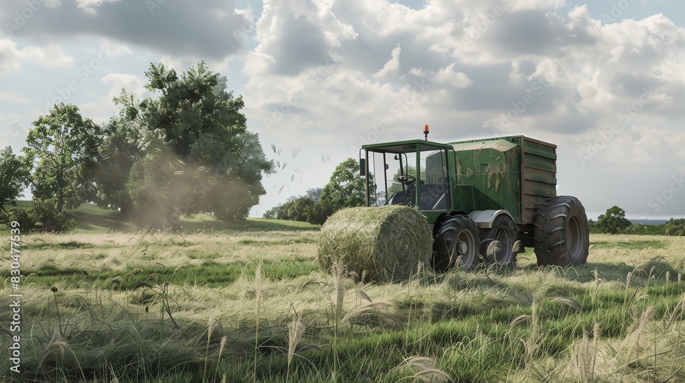 Baler machine creating hay bales, on a field with scattered hay, realistic render Baler machine creating hay bales, on a field with scattered hay, realistic render