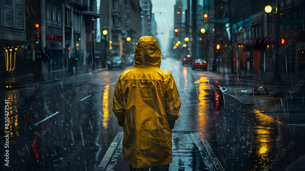 High-contrast image of a person wearing a yellow raincoat in a dark, rainy street, with light and shadow emphasizing the coat's bright color and the rainy atmosphere. High-contrast image of a person wearing a yellow raincoat in a dark, rainy street, with light and shadow emphasizing the coat's bright color and the rainy atmosphere.